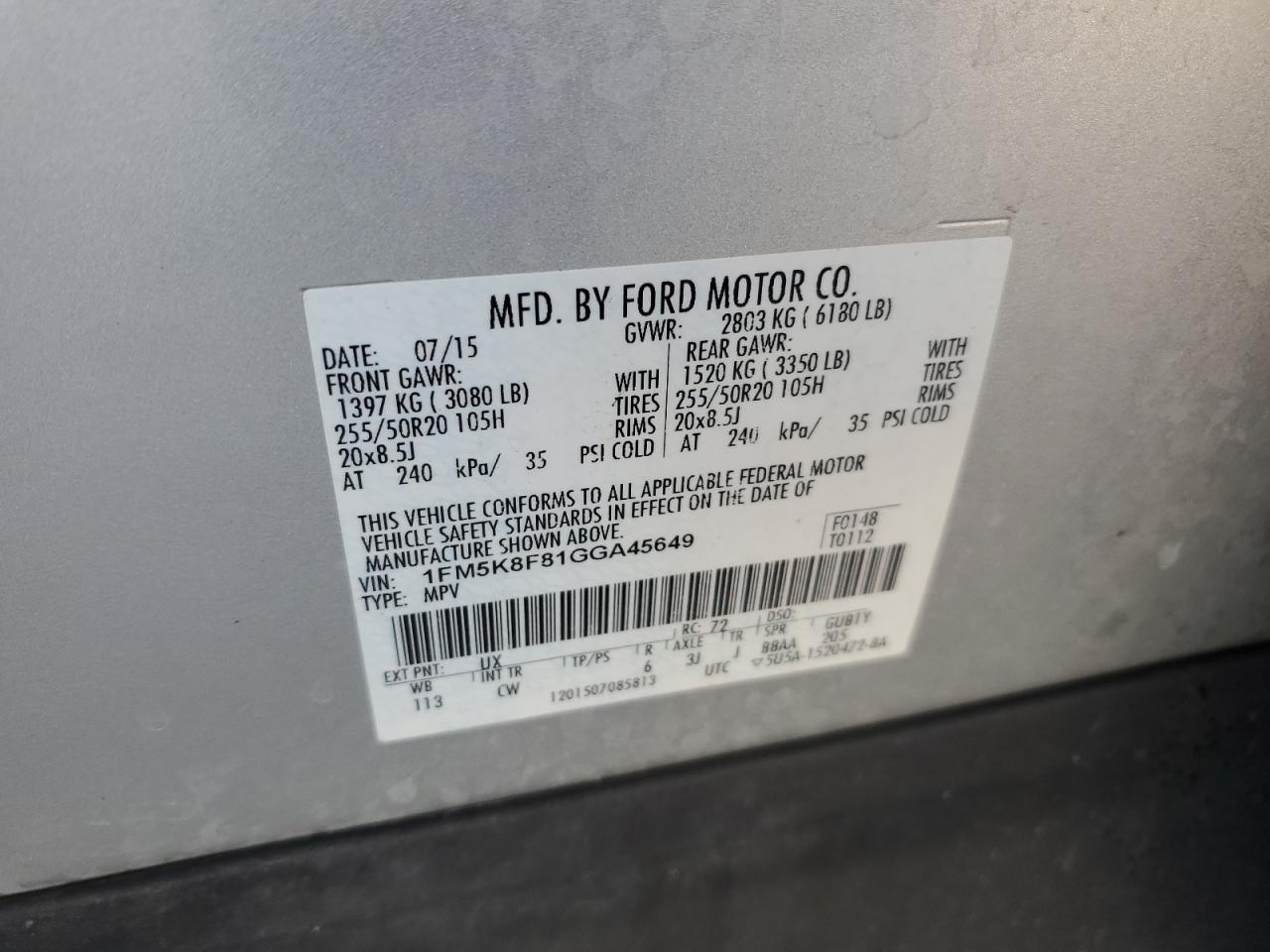 2016 Ford Explorer VIN 1FM5K8F81GGA45649 Copart auction photo, rear end damage thumbnail 14