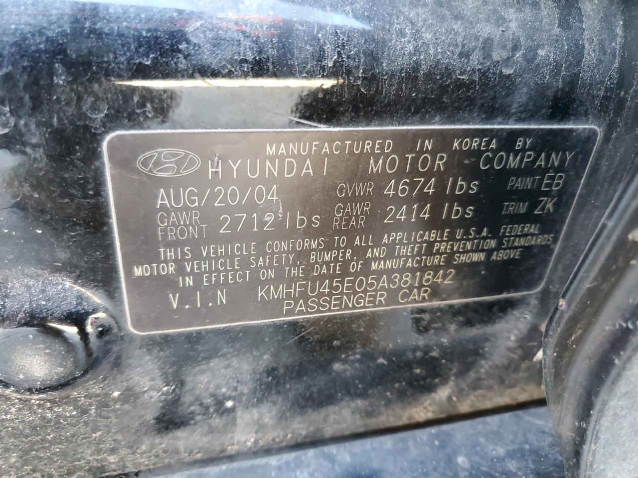 2005 Hyundai Grandeur VIN KMHFU45E05A381842 Copart auction photo, side damage thumbnail 12