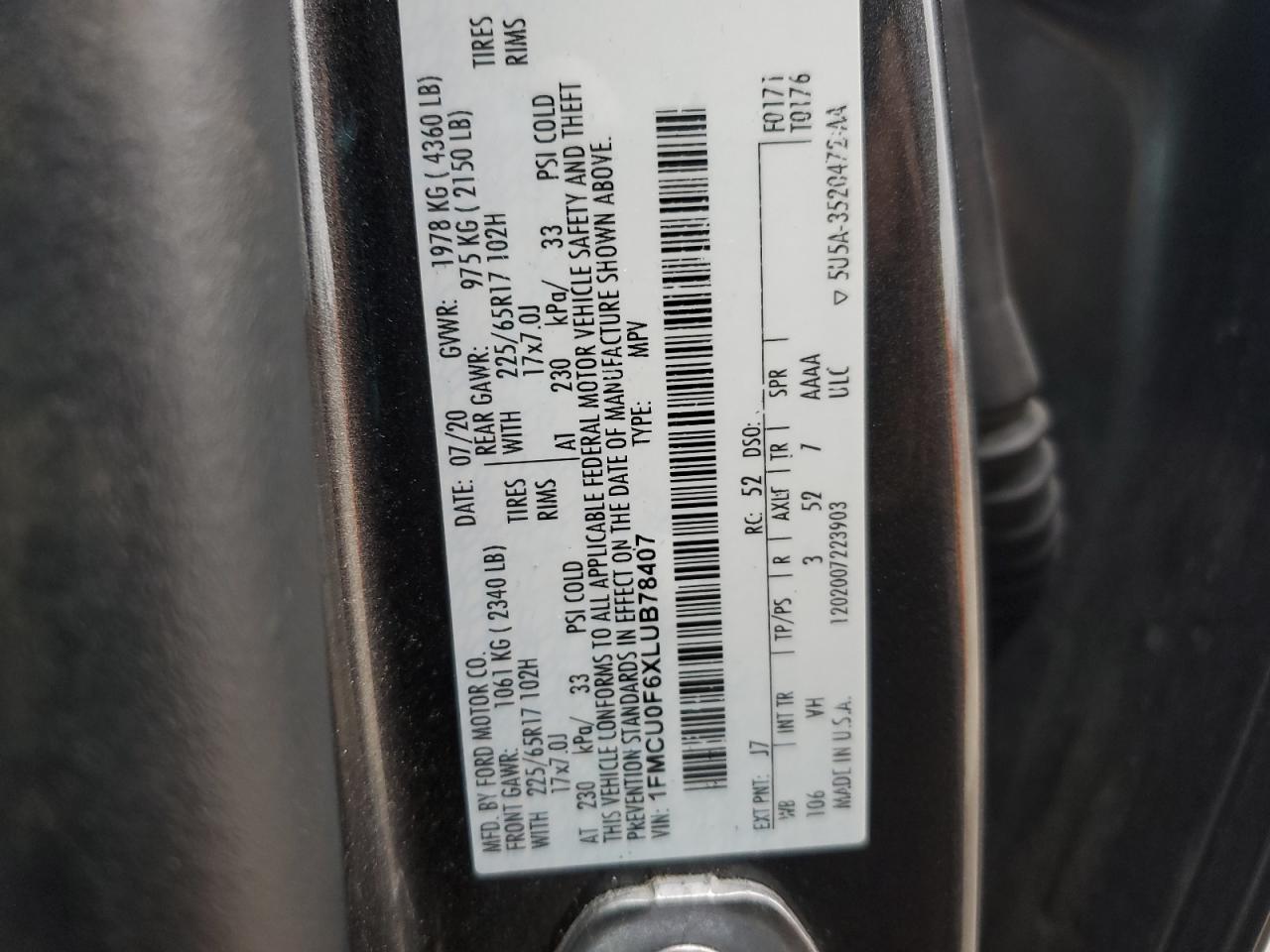 2020 Ford Escape VIN 1FMCU0F6XLUB78407 Copart auction photo, rear end / front end damage thumbnail 13