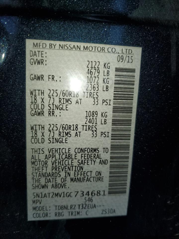 2016 Nissan Rogue VIN 5N1AT2MV1GC734681 Copart auction photo, rear end damage thumbnail 13