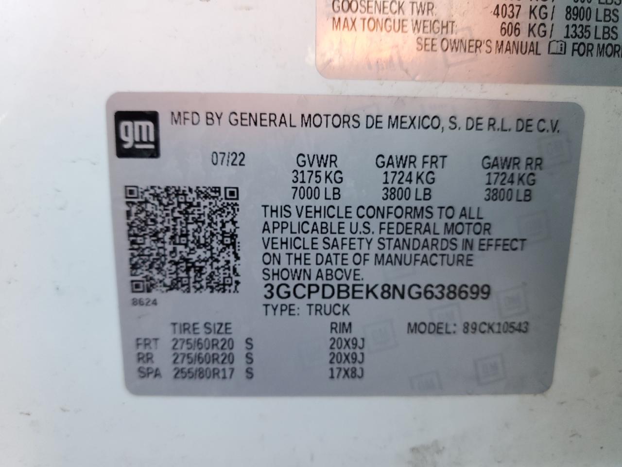 2022 Chevrolet Silverado VIN 3GCPDBEK8NG638699 Copart auction photo, rear end damage thumbnail 12