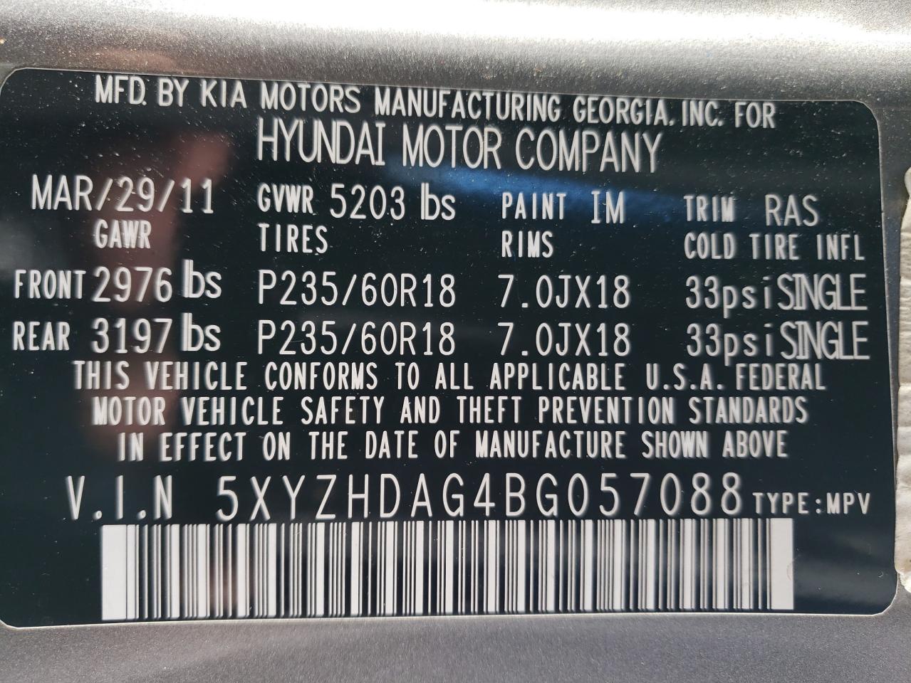 2011 Hyundai Santa Fe VIN 5XYZHDAG4BG057088 Copart auction photo, front end / hail damage thumbnail 13