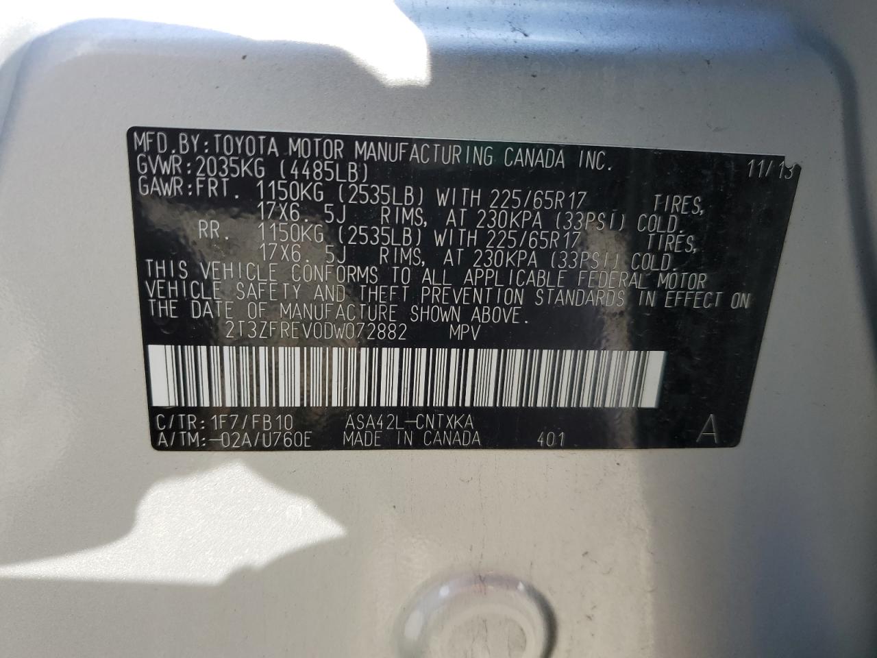 2013 Toyota RAV 4 VIN 2T3ZFREV0DW072882 Copart auction photo, front end damage thumbnail 14
