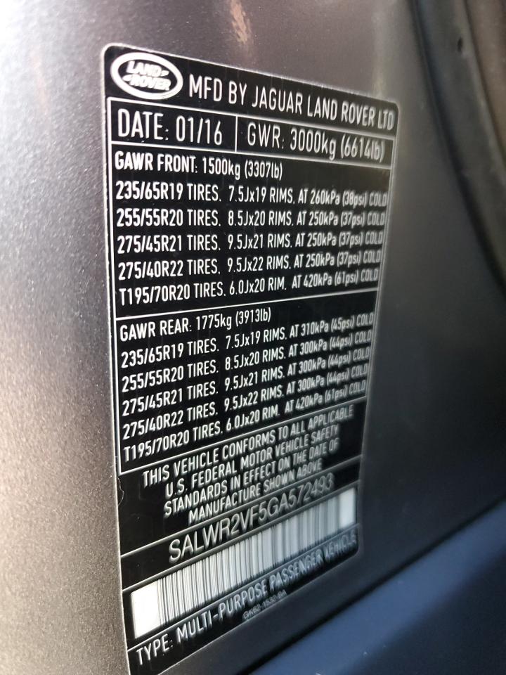 2016 Land Rover Range Rover VIN SALWR2VF5GA572493 Copart auction photo, minor dent/scratches damage thumbnail 13