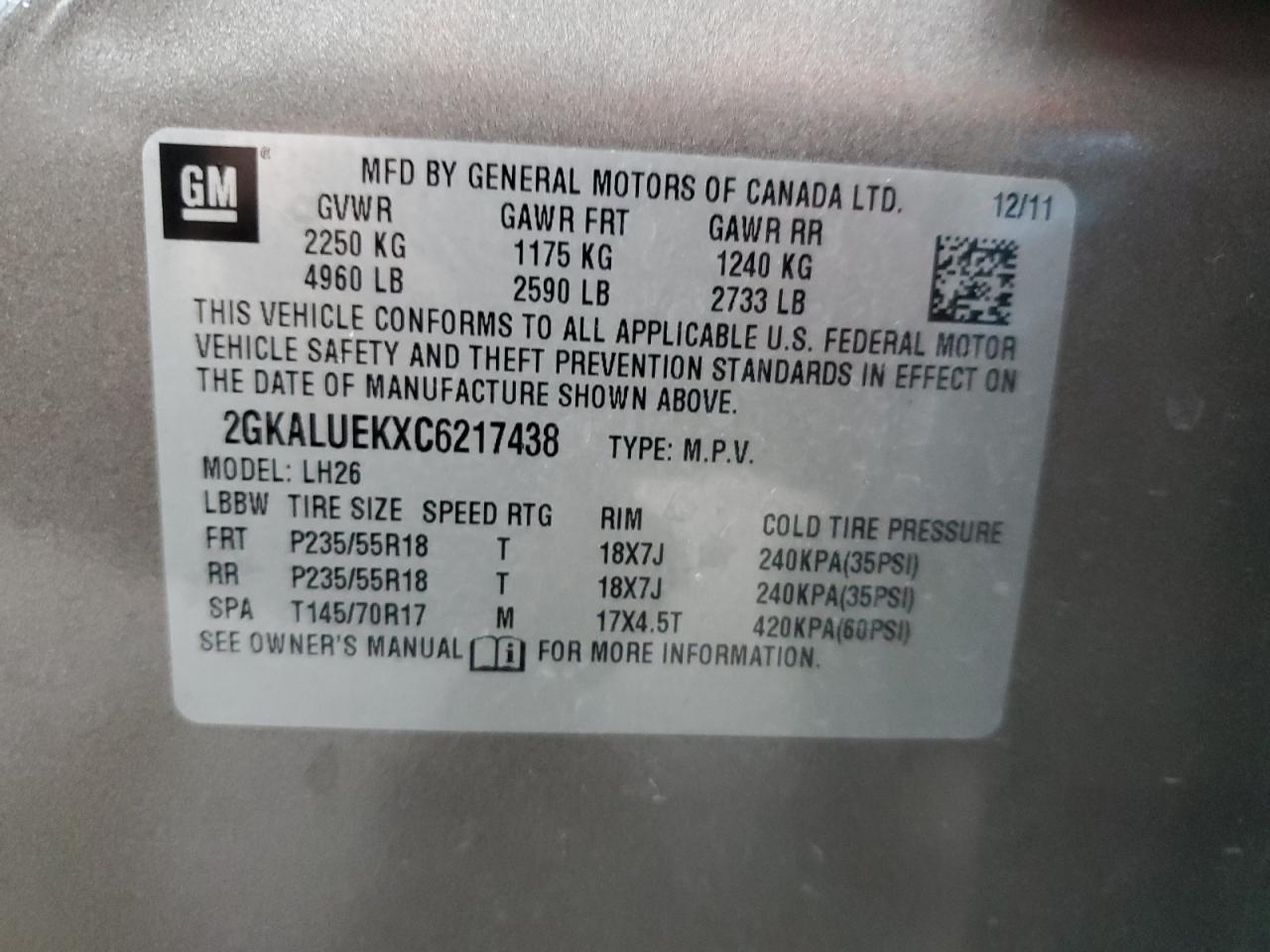 2012 GMC Terrain VIN 2GKALUEKXC6217438 Copart auction photo, all over damage thumbnail 13