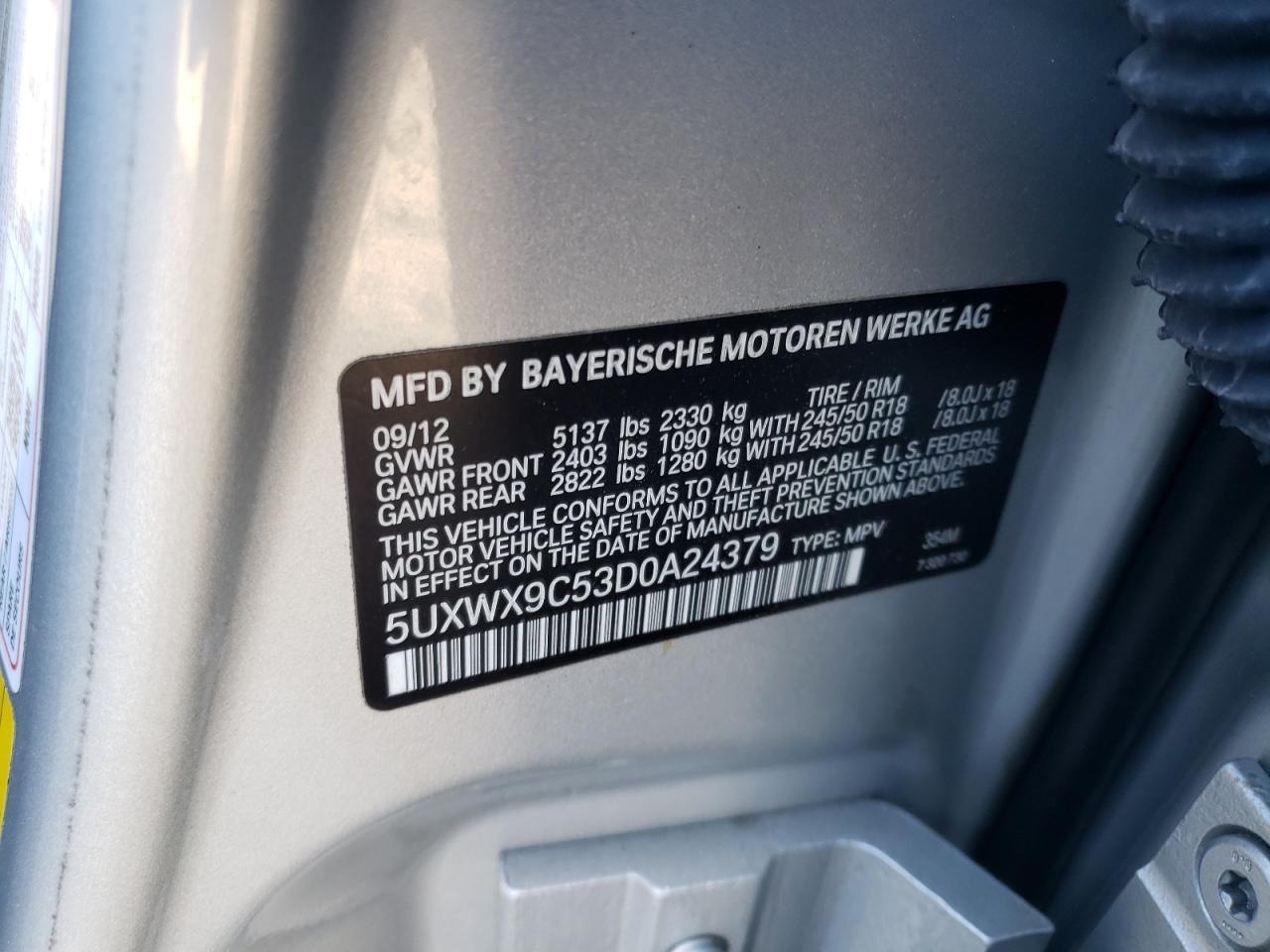 2013 BMW X3 VIN 5UXWX9C53D0A24379 Copart auction photo, front end damage thumbnail 15