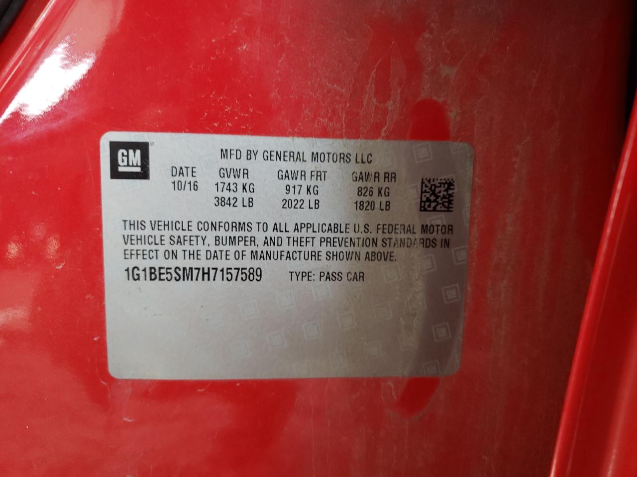 2017 Chevrolet Cruze VIN 1G1BE5SM7H7157589 Copart auction photo, front end / side damage thumbnail 12