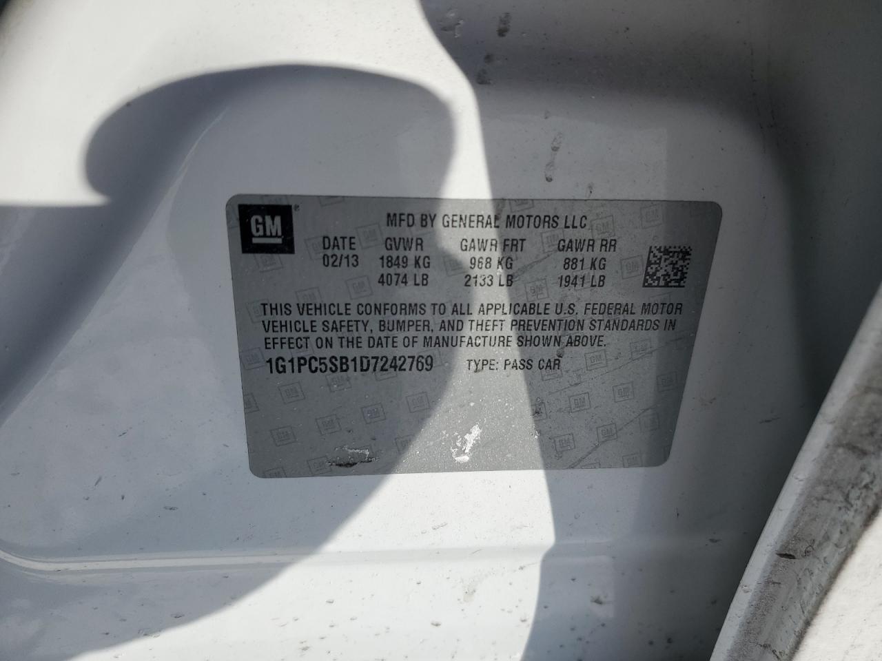 2013 Chevrolet Cruze VIN 1G1PC5SB1D7242769 Copart auction photo, front end damage thumbnail 12