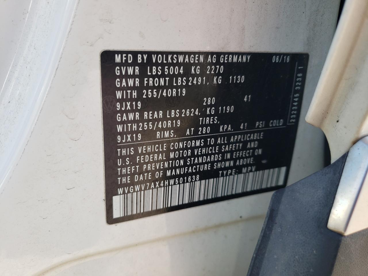 2017 Volkswagen Tiguan VIN WVGWV7AX4HW501638 Copart auction photo, front end damage thumbnail 13