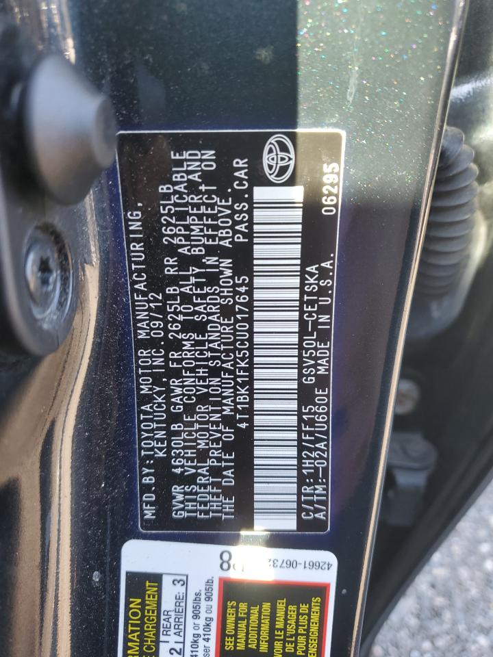 2012 Toyota Camry VIN 4T1BK1FK5CU017645 Copart auction photo, front end / minor dent/scratches damage thumbnail 12