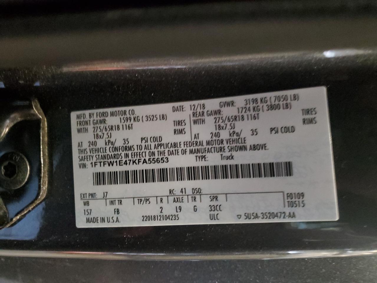 2019 Ford F-150 VIN 1FTFW1E47KFA55653 Copart auction photo, side damage thumbnail 12