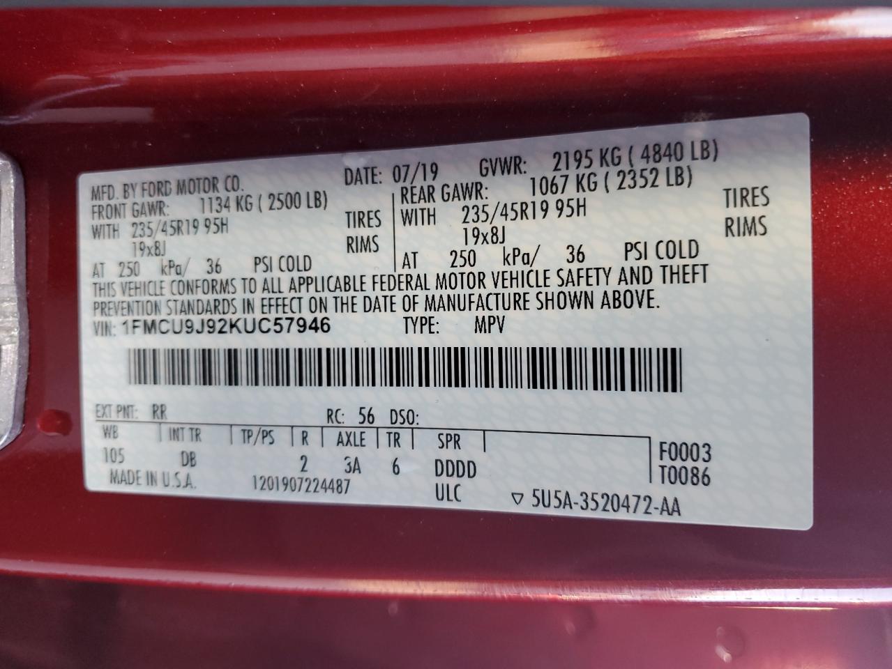 2019 Ford Escape VIN 1FMCU9J92KUC57946 Copart auction photo, front end damage thumbnail 13
