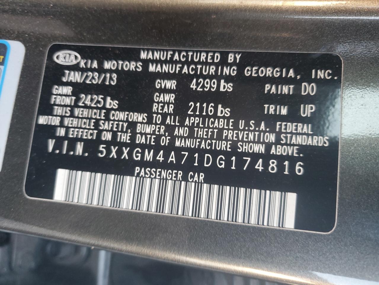 2013 KIA Optima VIN 5XXGM4A71DG174816 Copart auction photo, mechanical damage thumbnail 12