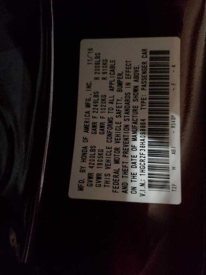 2017 Honda Accord VIN 1HGCR2F38HA098864 Copart auction photo, front end / rear end damage thumbnail 12