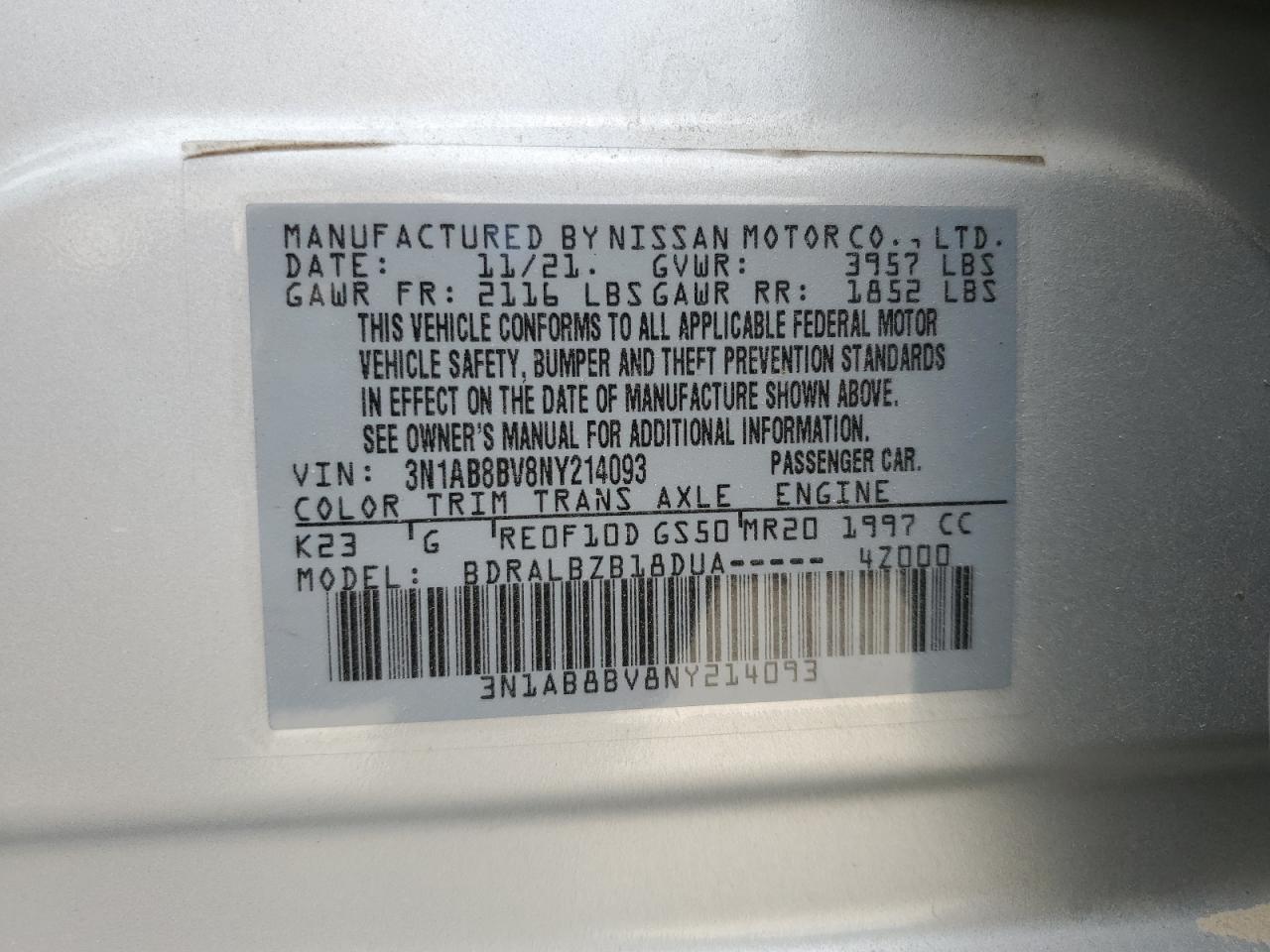 2022 Nissan Sentra VIN 3N1AB8BV8NY214093 Copart auction photo, rear end / front end damage thumbnail 14
