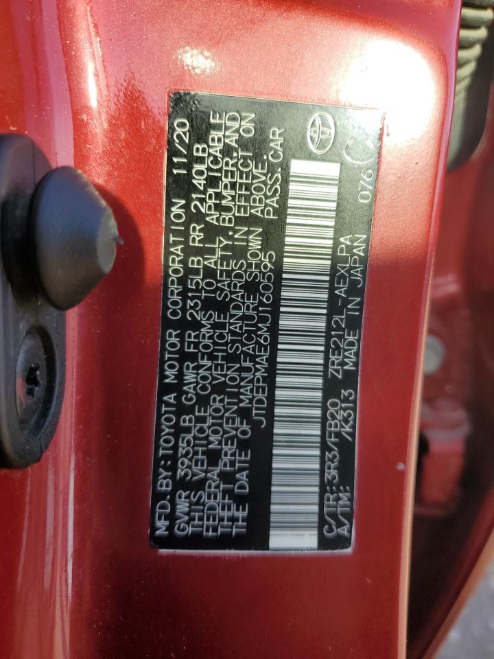 2021 Toyota Corolla VIN JTDEPMAE6MJ160595 Copart auction photo, water/flood / minor dent/scratches damage thumbnail 12