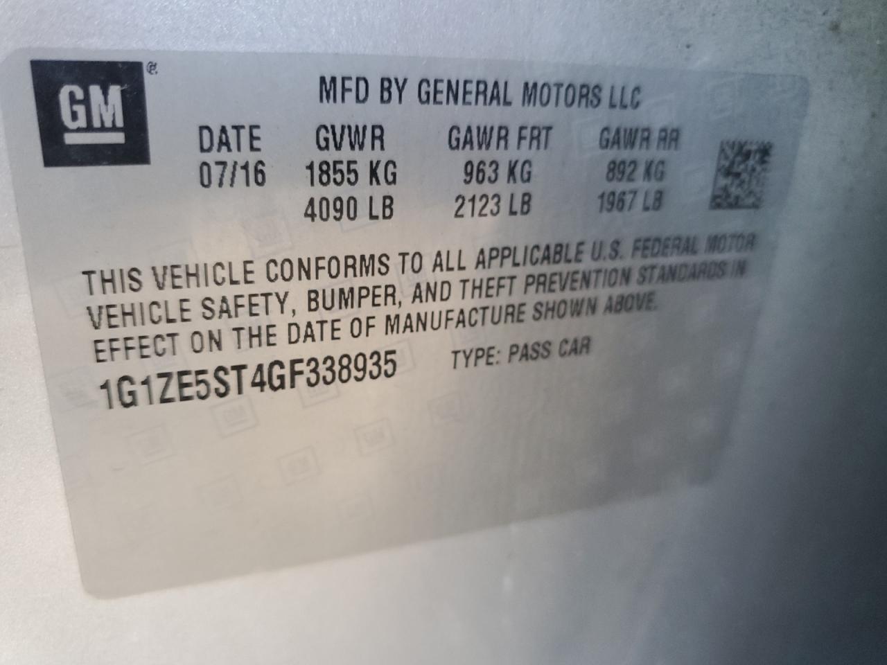 2016 Chevrolet Malibu VIN 1G1ZE5ST4GF338935 Copart auction photo, side / front end damage thumbnail 12