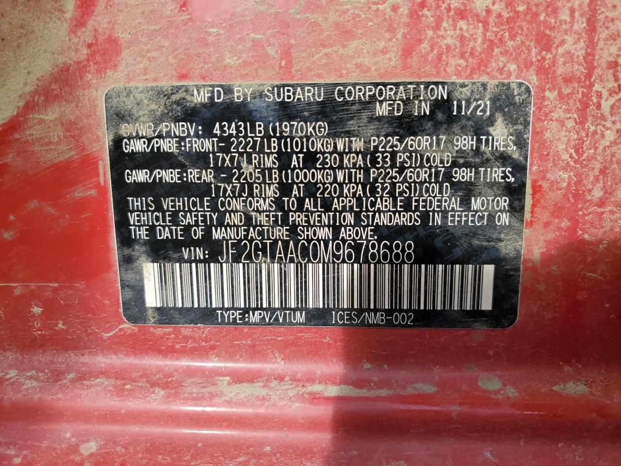 2021 Subaru XV VIN JF2GTAAC0M9678688 Copart auction photo, rollover damage thumbnail 14