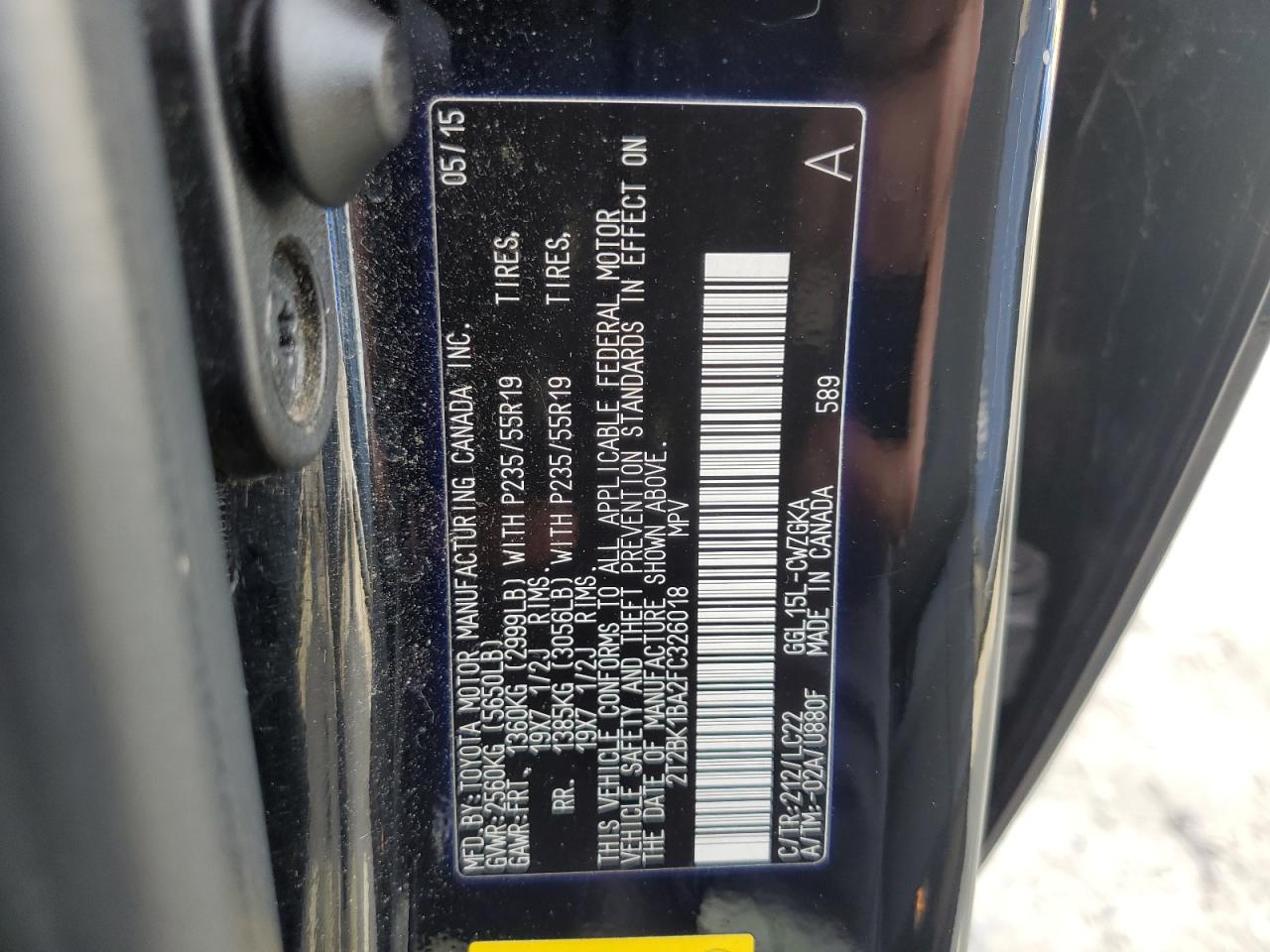 2015 Lexus RX VIN 2T2BK1BA2FC326018 Copart auction photo, front end / minor dent/scratches damage thumbnail 14