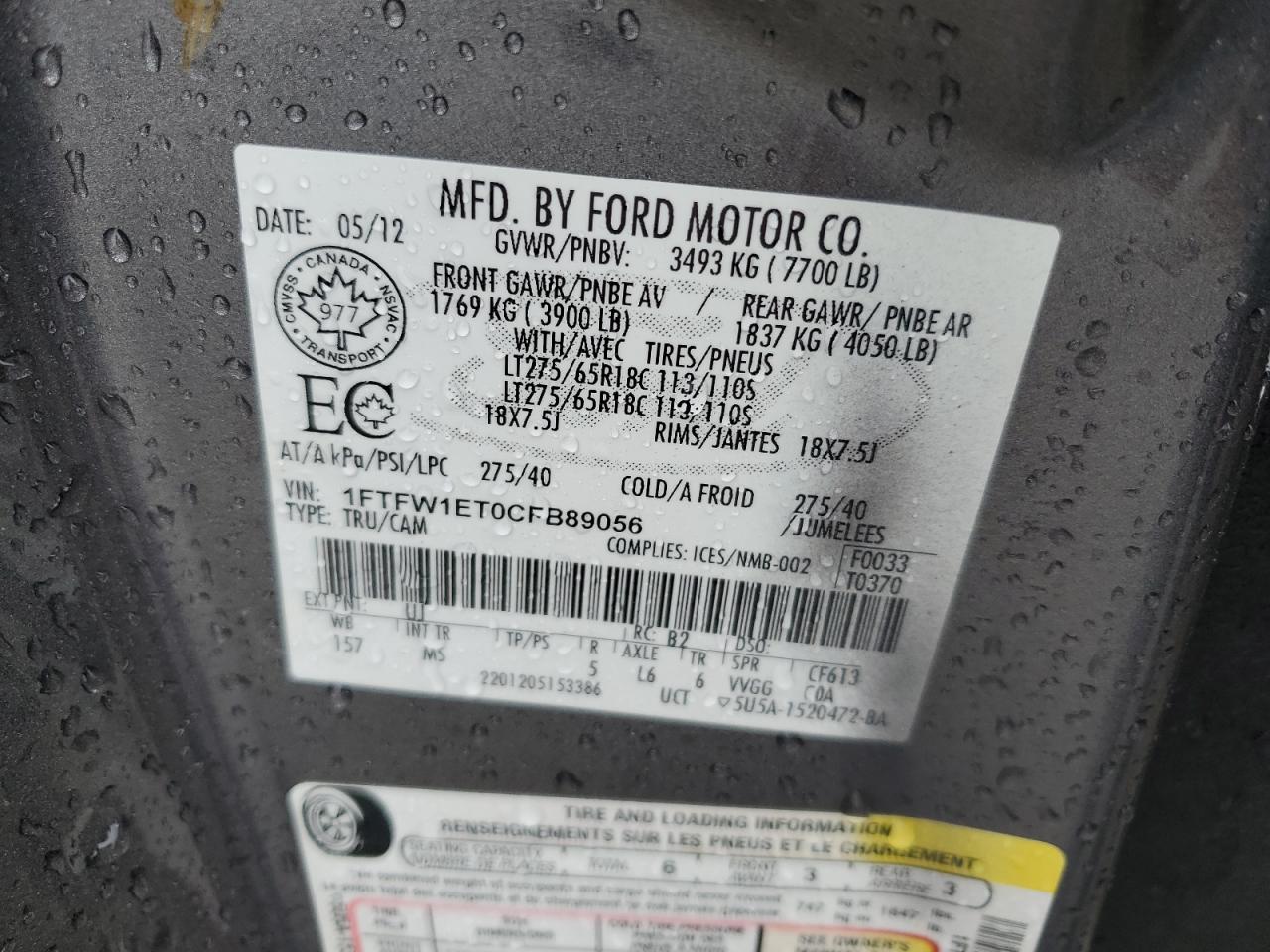 2012 Ford F-150 VIN 1FTFW1ET0CFB89056 Copart auction photo, hail damage thumbnail 12