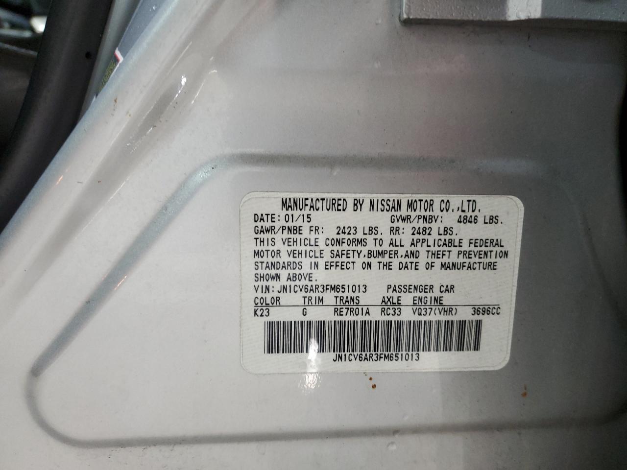 2015 Infiniti Q40 VIN JN1CV6AR3FM651013 Copart auction photo, front end damage thumbnail 15
