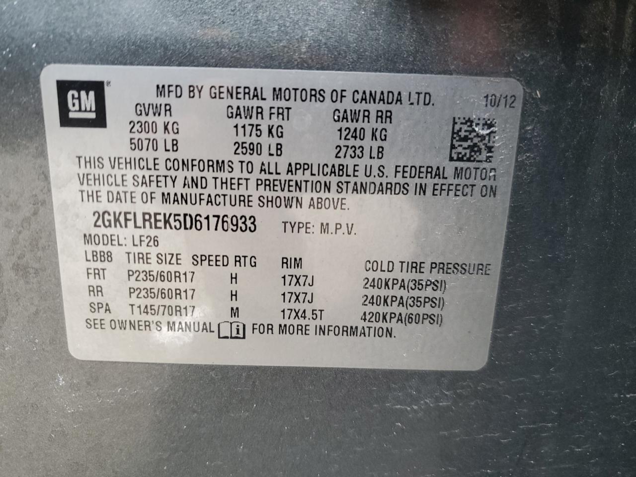 2013 GMC Terrain VIN 2GKFLREK5D6176933 Copart auction photo, front end / minor dent/scratches damage thumbnail 13
