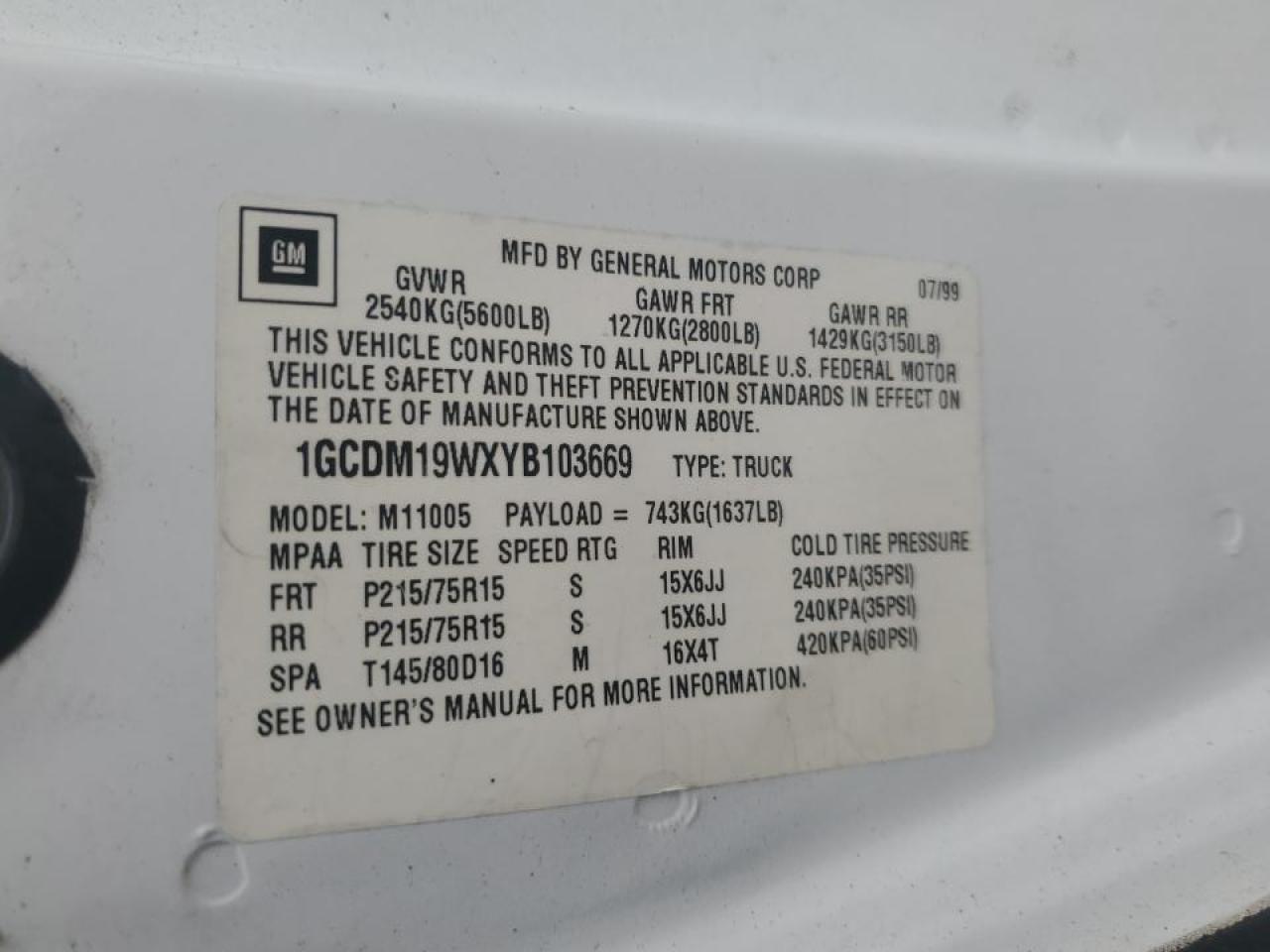 2000 Chevrolet Astro VIN 1GCDM19WXYB103669 Copart auction photo, side / minor dent/scratches damage thumbnail 12