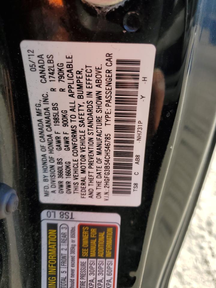 2012 Honda Civic VIN 2HGFG3B54CH546785 Copart auction photo, front end / front end damage thumbnail 12