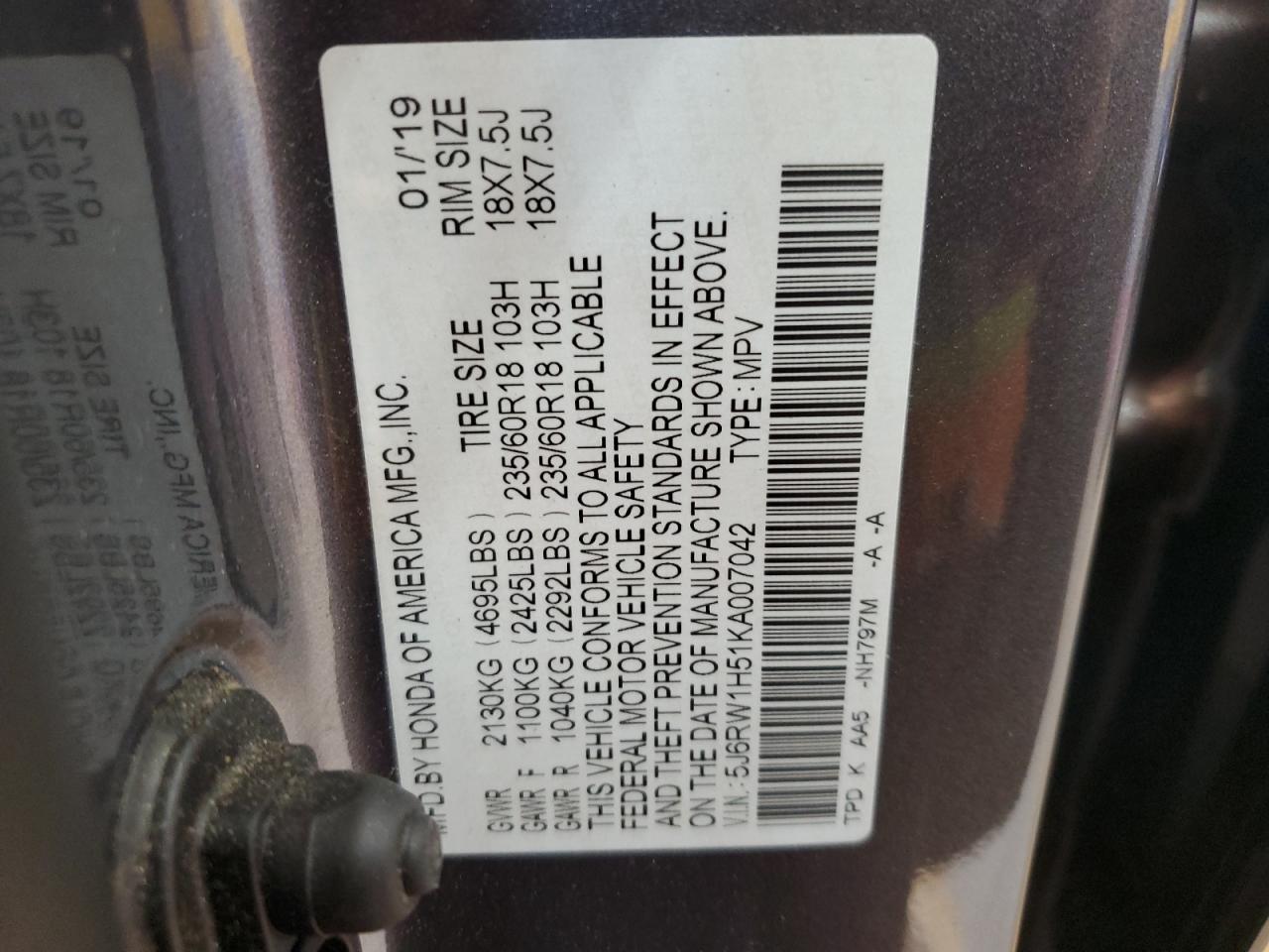 2019 Honda CR-V VIN 5J6RW1H51KA007042 Copart auction photo, rear end damage thumbnail 15
