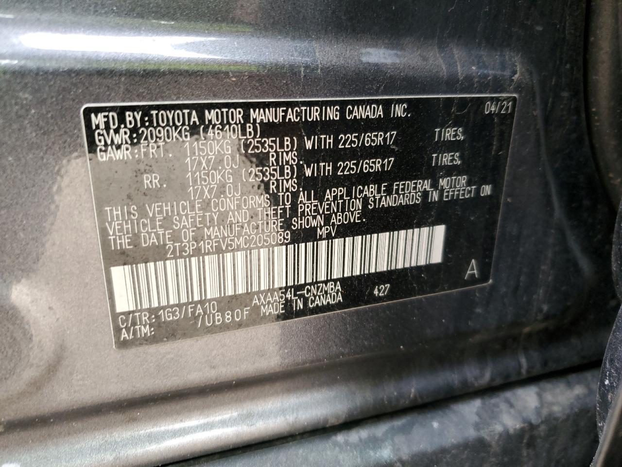 2021 Toyota RAV 4 VIN 2T3P1RFV5MC205089 Copart auction photo, front end / side damage thumbnail 13