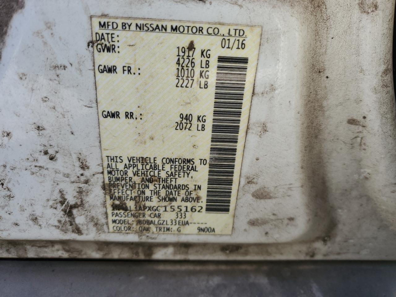 2016 Nissan Altima VIN 1N4AL3APXGC155162 Copart auction photo, front end damage thumbnail 13