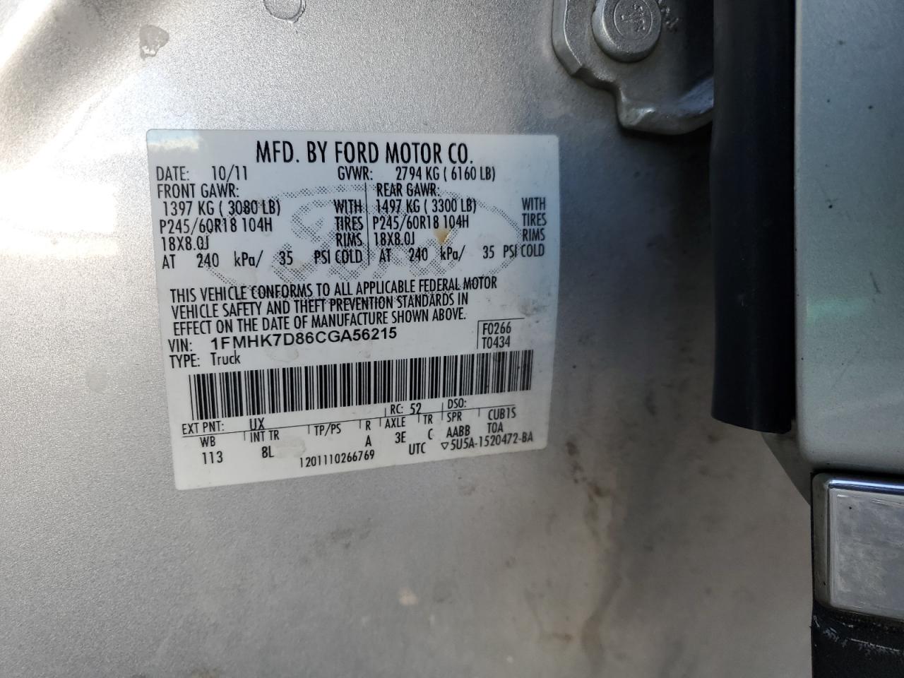 2012 Ford Explorer VIN 1FMHK7D86CGA56215 Copart auction photo, side damage thumbnail 13