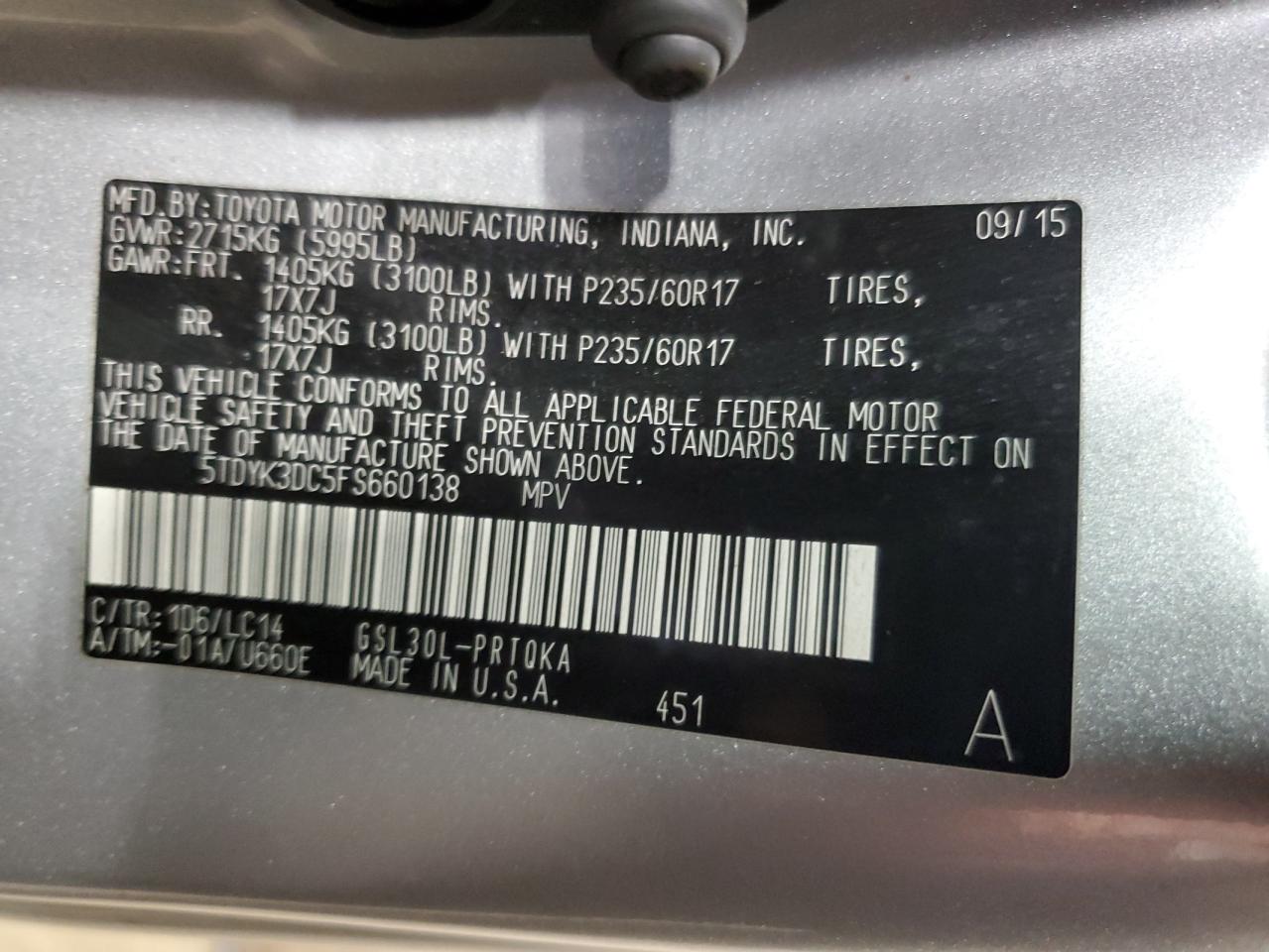 2015 Toyota Sienna VIN 5TDYK3DC5FS660138 Copart auction photo, rear end / front end damage thumbnail 14