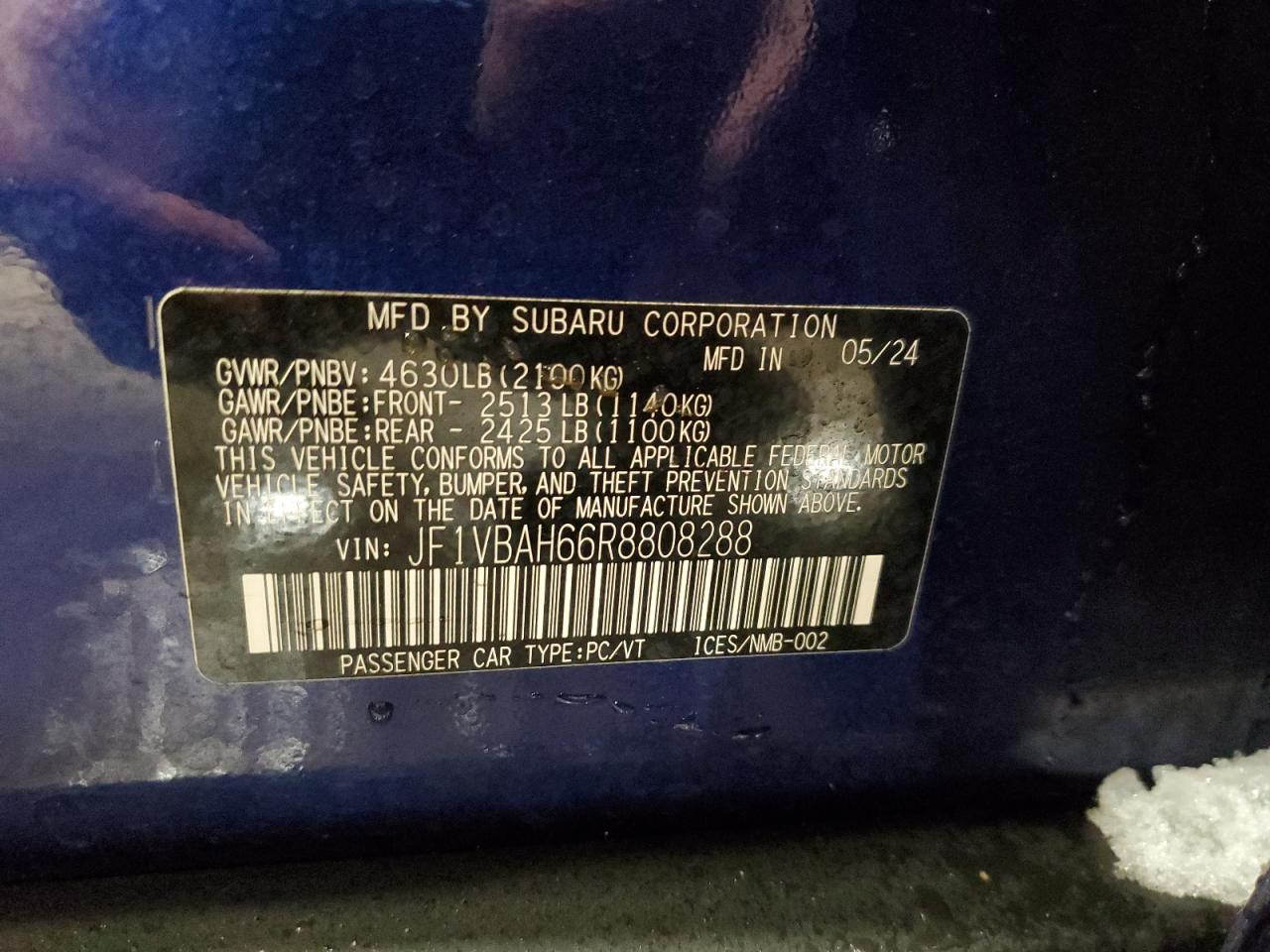 2024 Subaru WRX VIN JF1VBAH66R8808288 Copart auction photo, front end damage thumbnail 12
