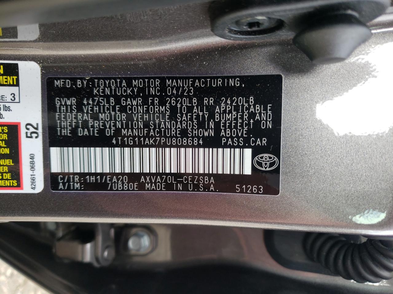 2023 Toyota Camry VIN 4T1G11AK7PU808684 Copart auction photo, front end damage thumbnail 12