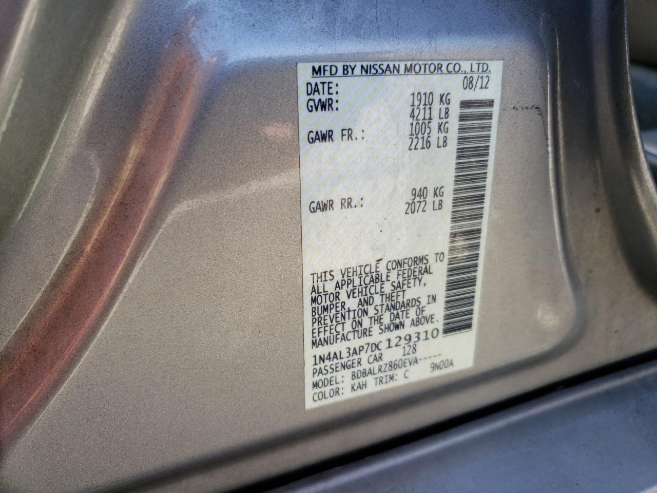 2013 Nissan Altima VIN 1N4AL3AP7DC129310 Copart auction photo, front end / side damage thumbnail 12