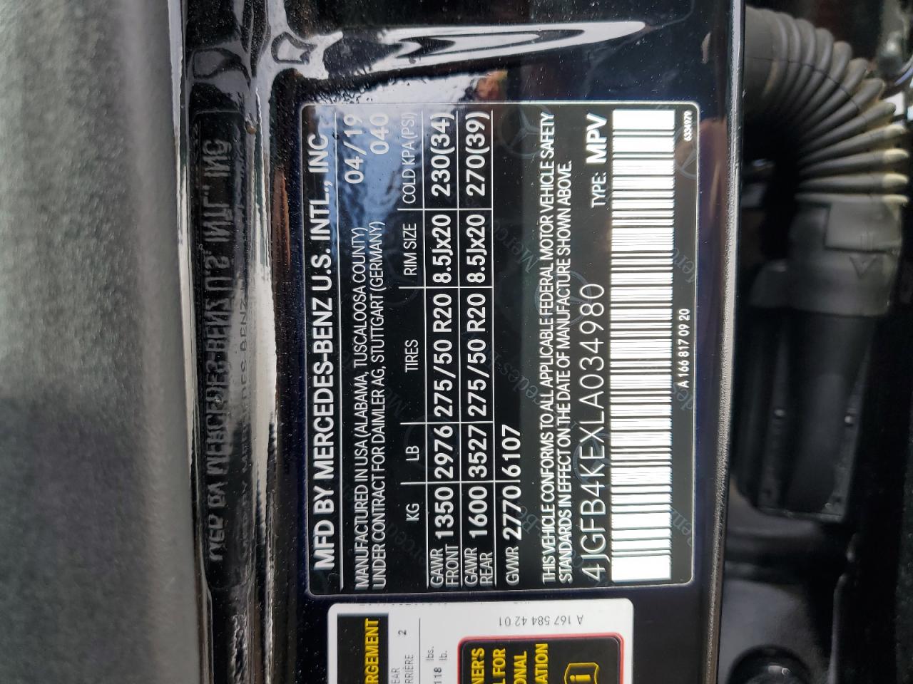 2020 Mercedes-Benz GLE VIN 4JGFB4KEXLA034980 Copart auction photo, minor dent/scratches damage thumbnail 14