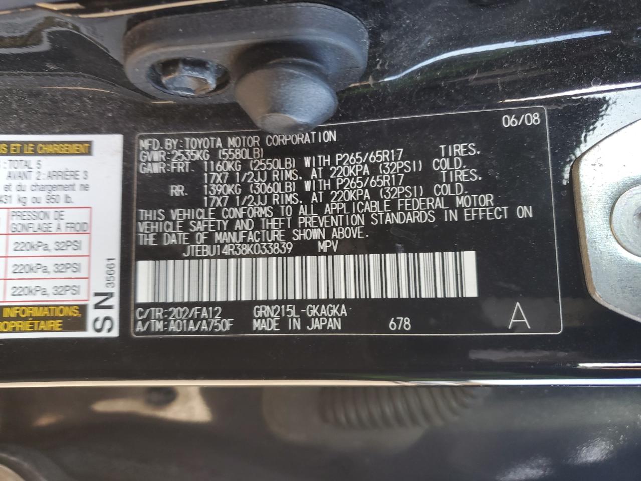 2008 Toyota 4Runner VIN JTEBU14R38K033839 Copart auction photo, front end / minor dent/scratches damage thumbnail 13