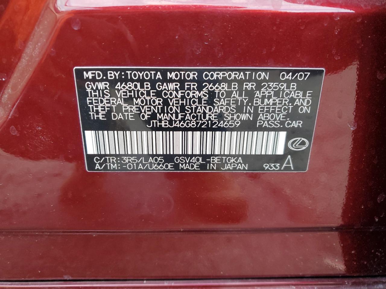 2007 Lexus ES VIN JTHBJ46G872124659 Copart auction photo, front end damage thumbnail 12