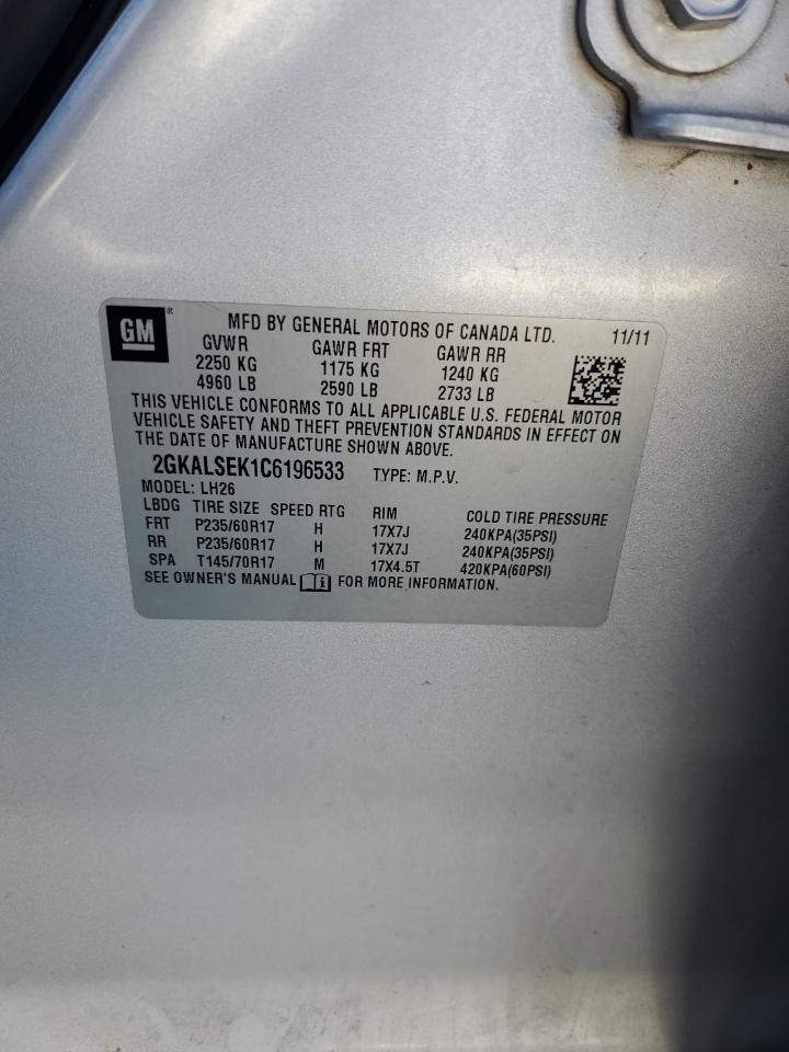 2012 GMC Terrain VIN 2GKALSEK1C6196533 Copart auction photo, rear end / side damage thumbnail 13