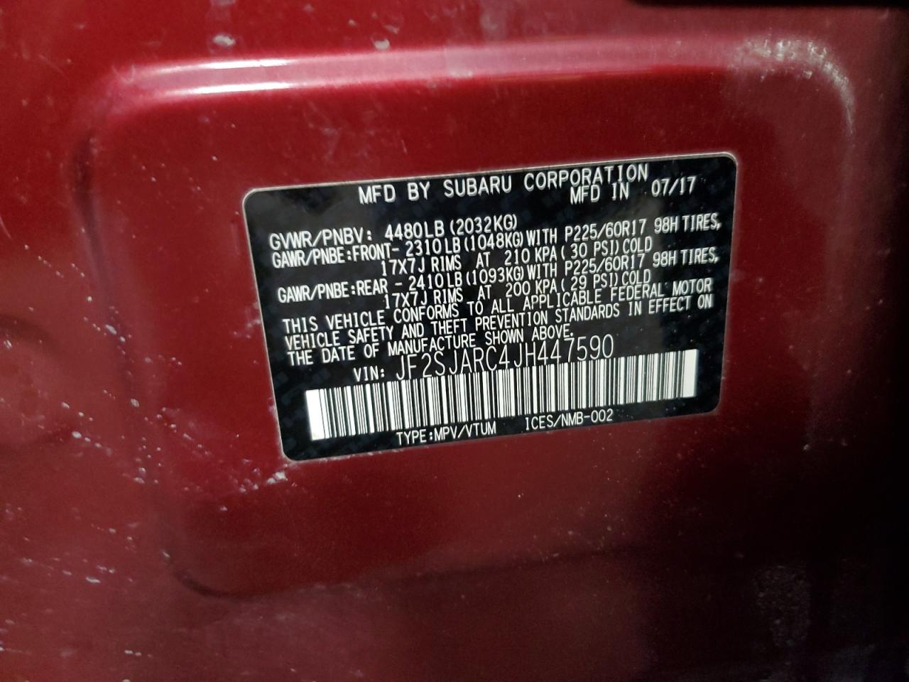 2018 Subaru Forester VIN JF2SJARC4JH447590 Copart auction photo, front end / side damage thumbnail 15