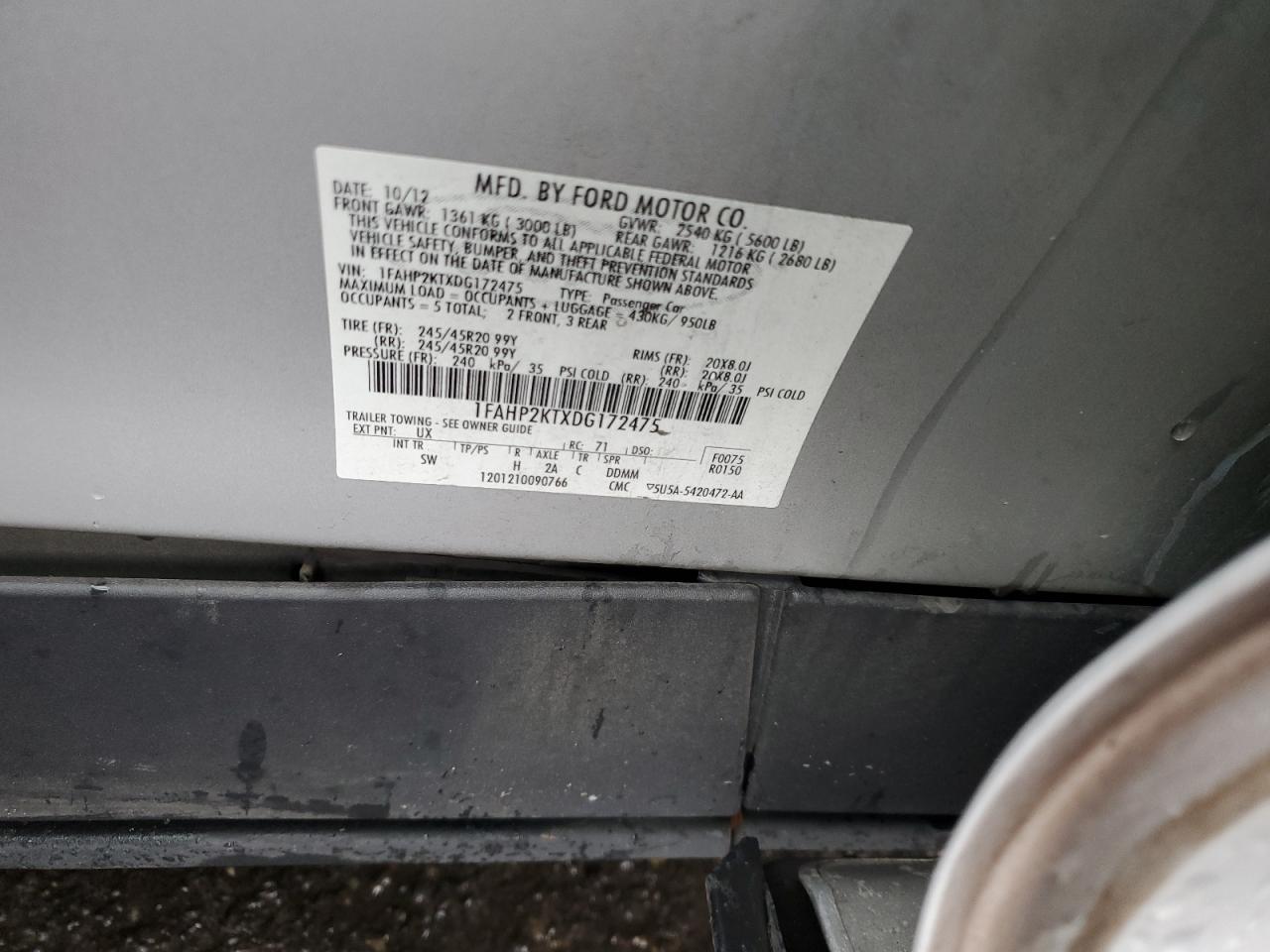 2013 Ford Taurus VIN 1FAHP2KTXDG172475 Copart auction photo, front end damage thumbnail 14