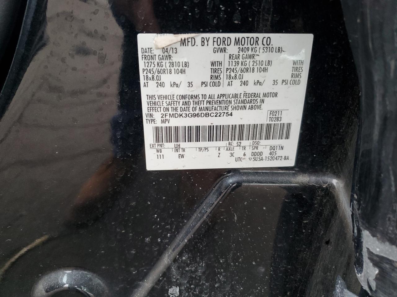 2013 Ford Edge VIN 2FMDK3G96DBC22754 Copart auction photo, side damage thumbnail 13