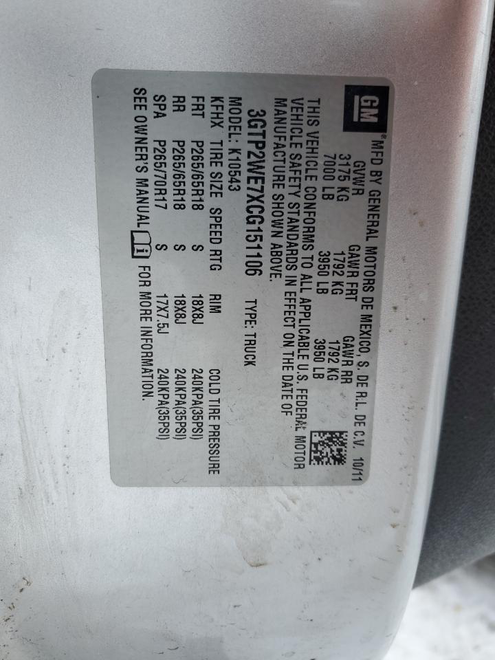 2012 GMC Sierra VIN 3GTP2WE7XCG151106 Copart auction photo, front end damage thumbnail 13