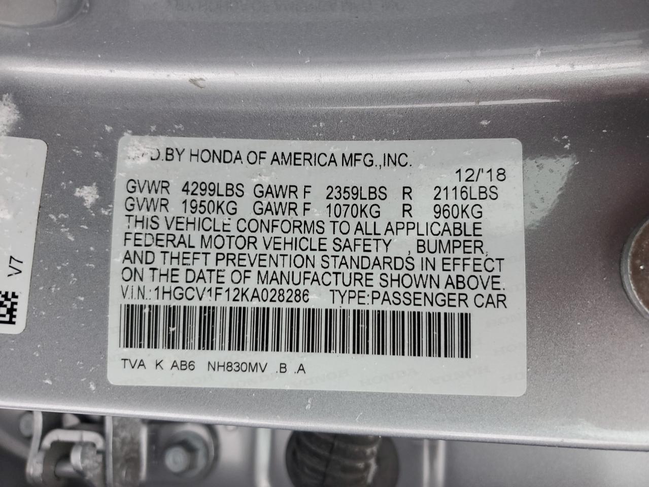 2019 Honda Accord VIN 1HGCV1F12KA028286 Copart auction photo, front end / side damage thumbnail 12