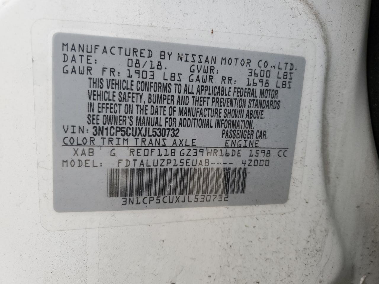 2018 Nissan Kicks VIN 3N1CP5CUXJL530732 Copart auction photo, rear end / minor dent/scratches damage thumbnail 15
