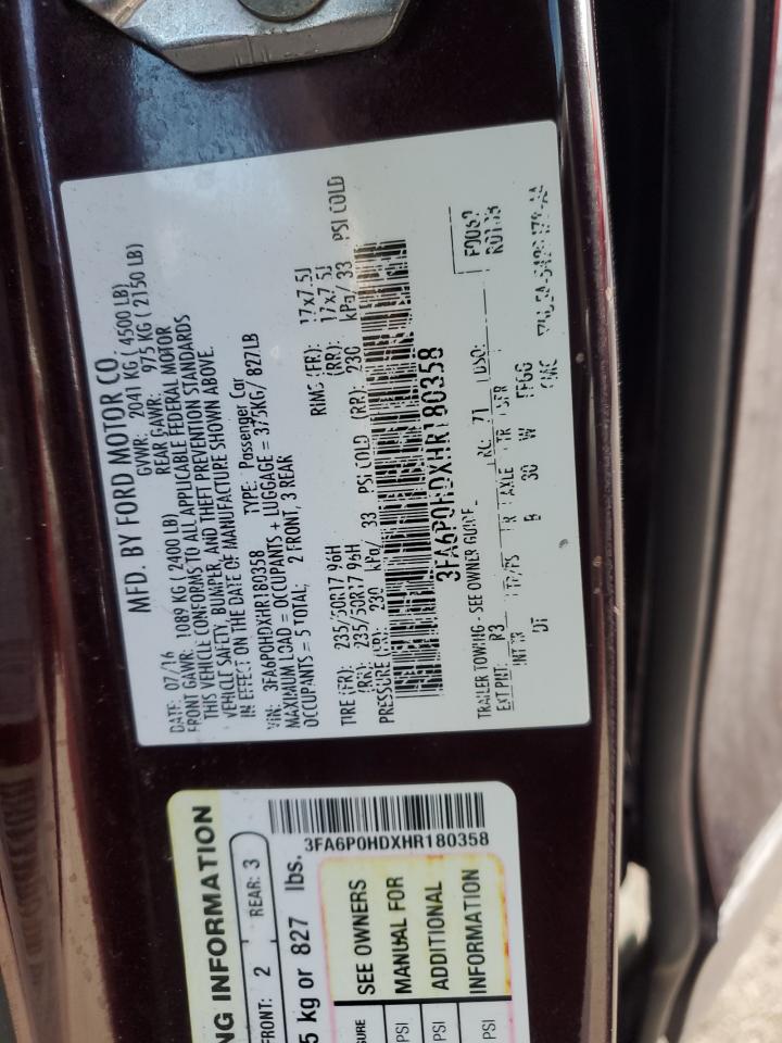 2017 Ford Fusion VIN 3FA6P0HDXHR180358 Copart auction photo, undercarriage / side damage thumbnail 12