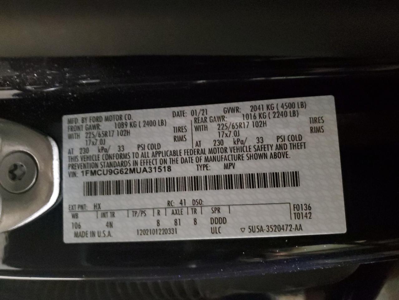 2021 Ford Escape VIN 1FMCU9G62MUA31518 Copart auction photo, rear end / front end damage thumbnail 15