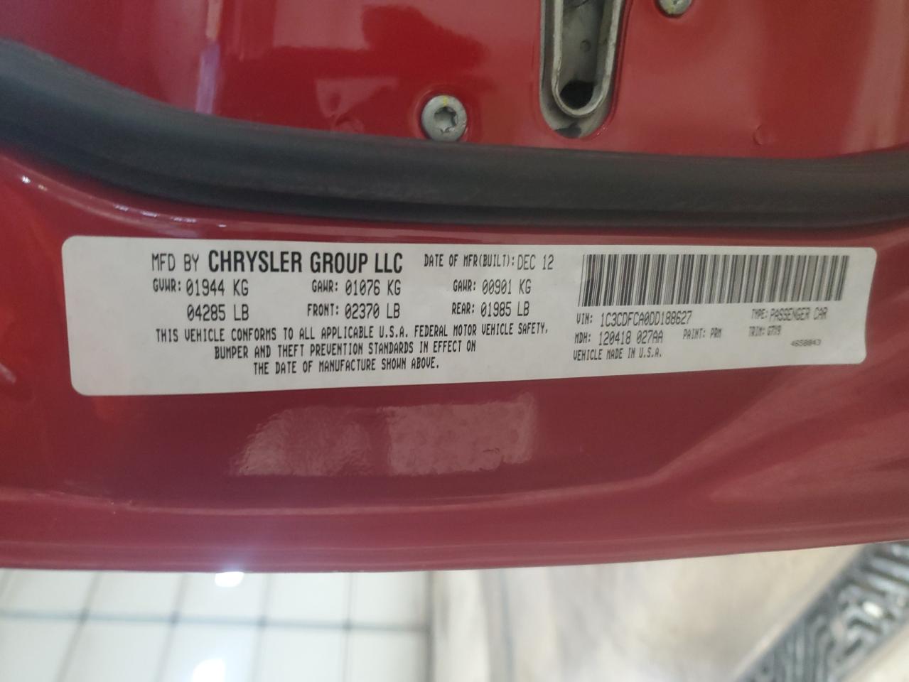 2013 Dodge Dart VIN 1C3CDFCA0DD188627 Copart auction photo, front end / rear end damage thumbnail 12