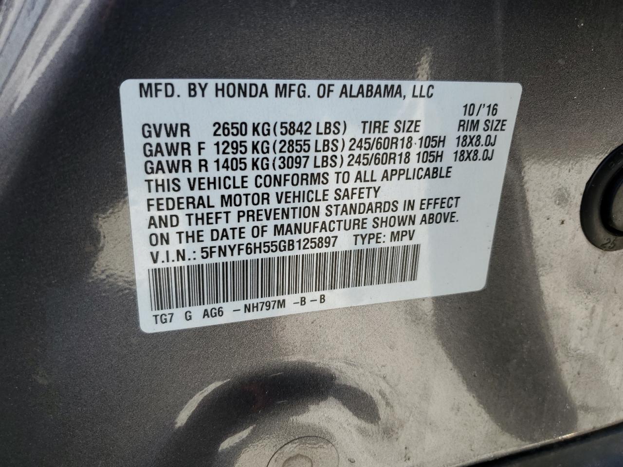 2016 Honda Pilot VIN 5FNYF6H55GB125897 Copart auction photo, front end / side damage thumbnail 14